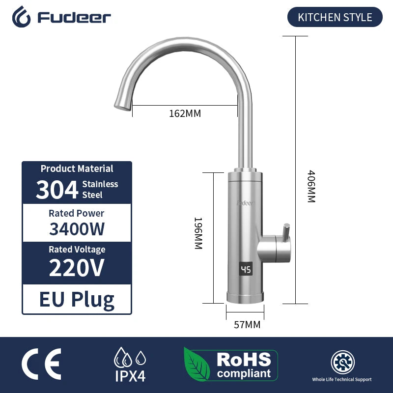 Fudeer 3400W 220V Electric Kitchen Water Heater Tap Instant Hot Stainless Steel Water Faucet Heater Cold Heating Faucet