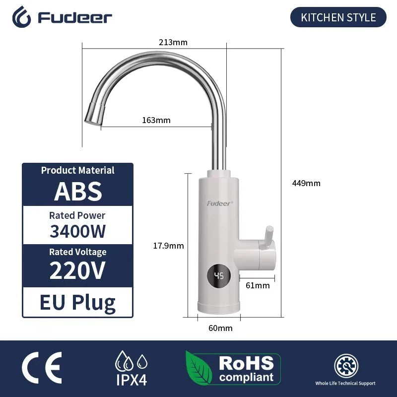 Fudeer 3400W 220V Electric Kitchen Water Heater Tap Instant Hot Stainless Steel Water Faucet Heater Cold Heating Faucet